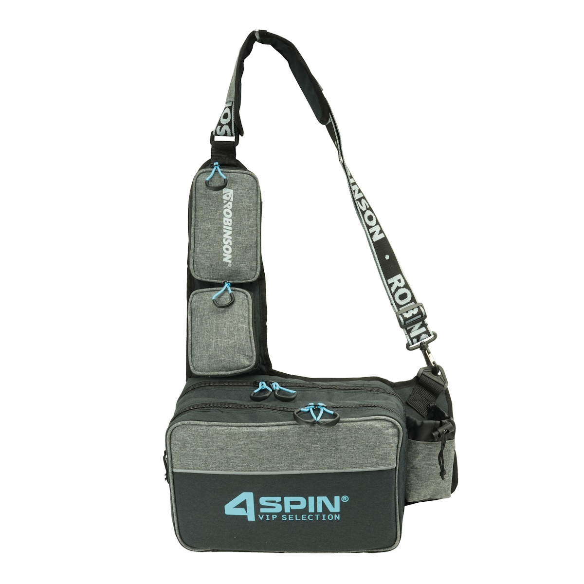 ROBINSON 4 SPIN Zubehörtasche 20x30x15 cm aus 600D Polyester mit wasserabweisendem Coating. Praktische Fächer, robuste Reißverschlüsse und durchdachtes Layout für Spinnangeln – ideale Begleiterin zum Angeln