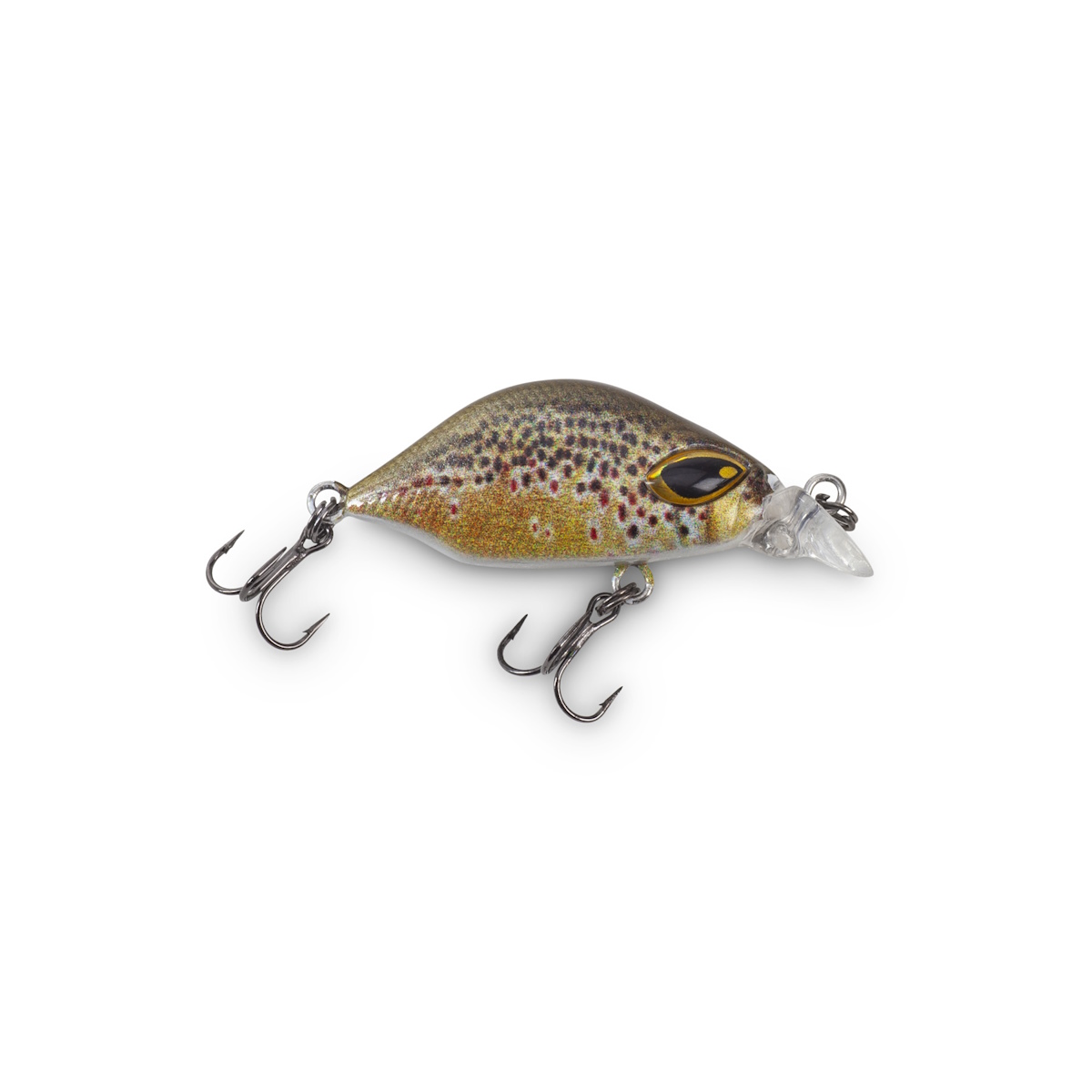 Kleinköder IRON CLAW Apace C 30 S NBT aus ABS-Kunststoff, goldbraun mit Punkten, taucht 0,3–1,1 m, 30 mm, 2,8 g, mit Original Mustad Drillingen, zwei Haken