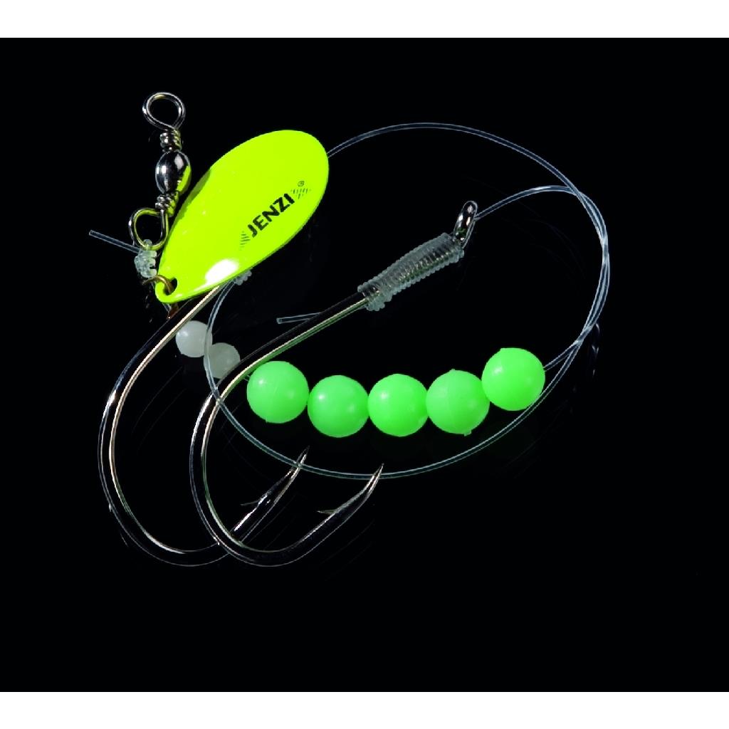 Heilbutt Naturköder-System von JENZI (Marcus Jensen): Spezialvorfach auf Lump mit neon-gelbem Spinnerblatt, leuchtenden Kugeln, 50 cm, 0,90 mm Schnur, Hakengröße 10/0.