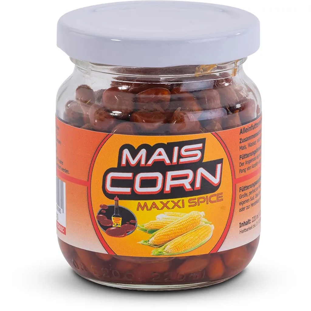 Glas mit rotem Deckel enthält Gewürzmais Maxi Spice