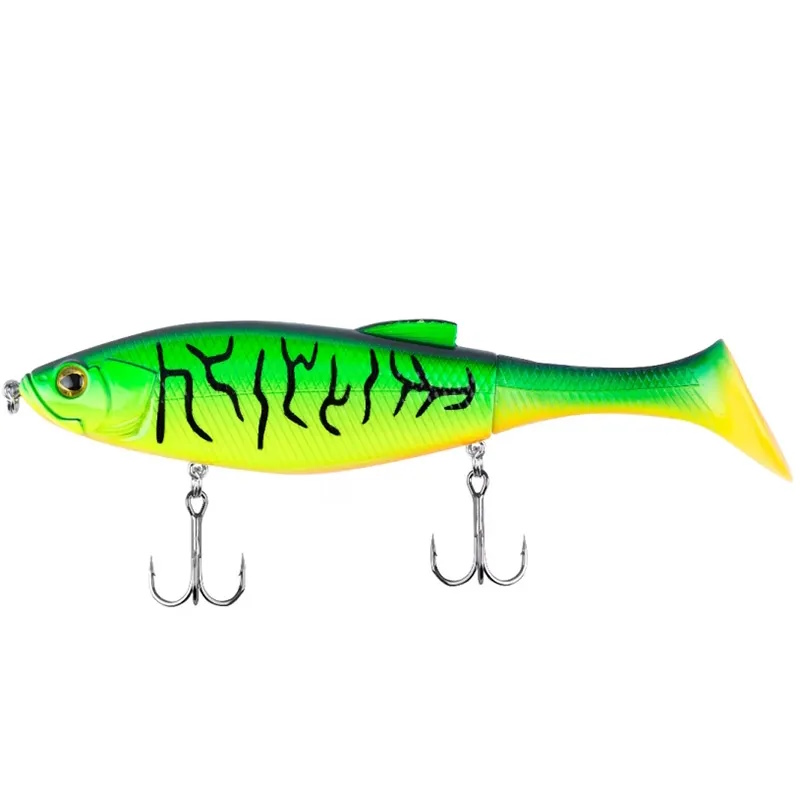 Fischförmiger Neon-Köder in Grün-Gelb mit schwarzem Muster, zwei Haken, realistischer Lure für Raubfischangeln