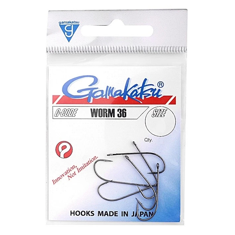 GAMAKATSU Worm 36 Haken Schwarz 1/0, mit Ohr, 6 Stück
