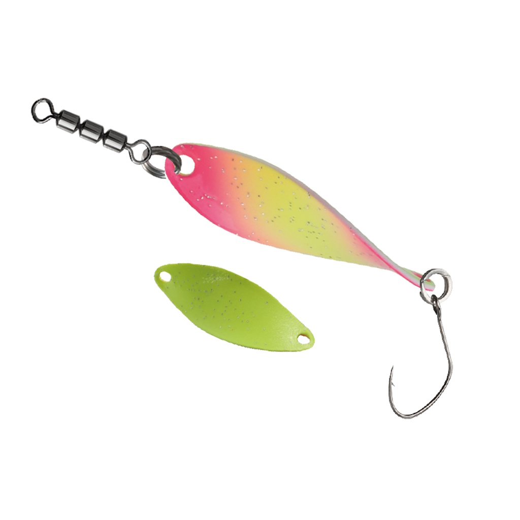 PALADIN Trout Rotor Spoon Slow Action 2,3 g in gelb-pink/gelb mit grünem Second-Teil, 360°-Rotation, Haken Größe 6, UV-Handlackierung, Spezialeffekt-Lack, Messing-/Kupferkörper