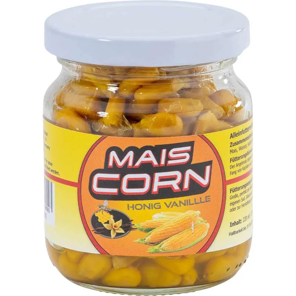 Glas mit Maiskörnern in Honig-Vanille-Sirup