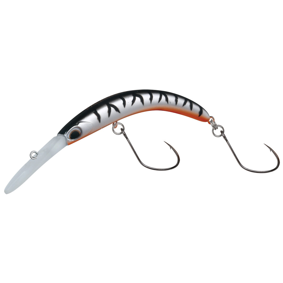 Jerkbait-Wobbler mit zwei Hacken, schwarzer Rücken mit weißen Streifen, silbrige Seite und orange Unterseite, Angelköder