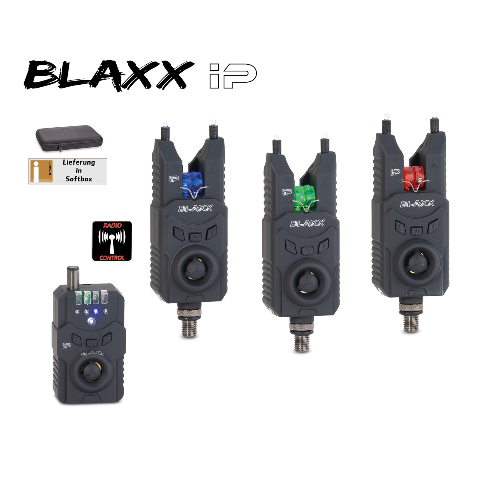 ANACONDA BLAXX iP 3+1 Funkbissanzeigerset in Rot, Grün und Blau; ca. 150 m Reichweite, energiesparender Stromkreis, Push-Button-Technik, 7-stufige Lautstärke, 8 Tonhöhen, LED-Bissanzeige in farbiger Röllchenfarbe, Soft-Touch Gehäuse, wasserabweisend.