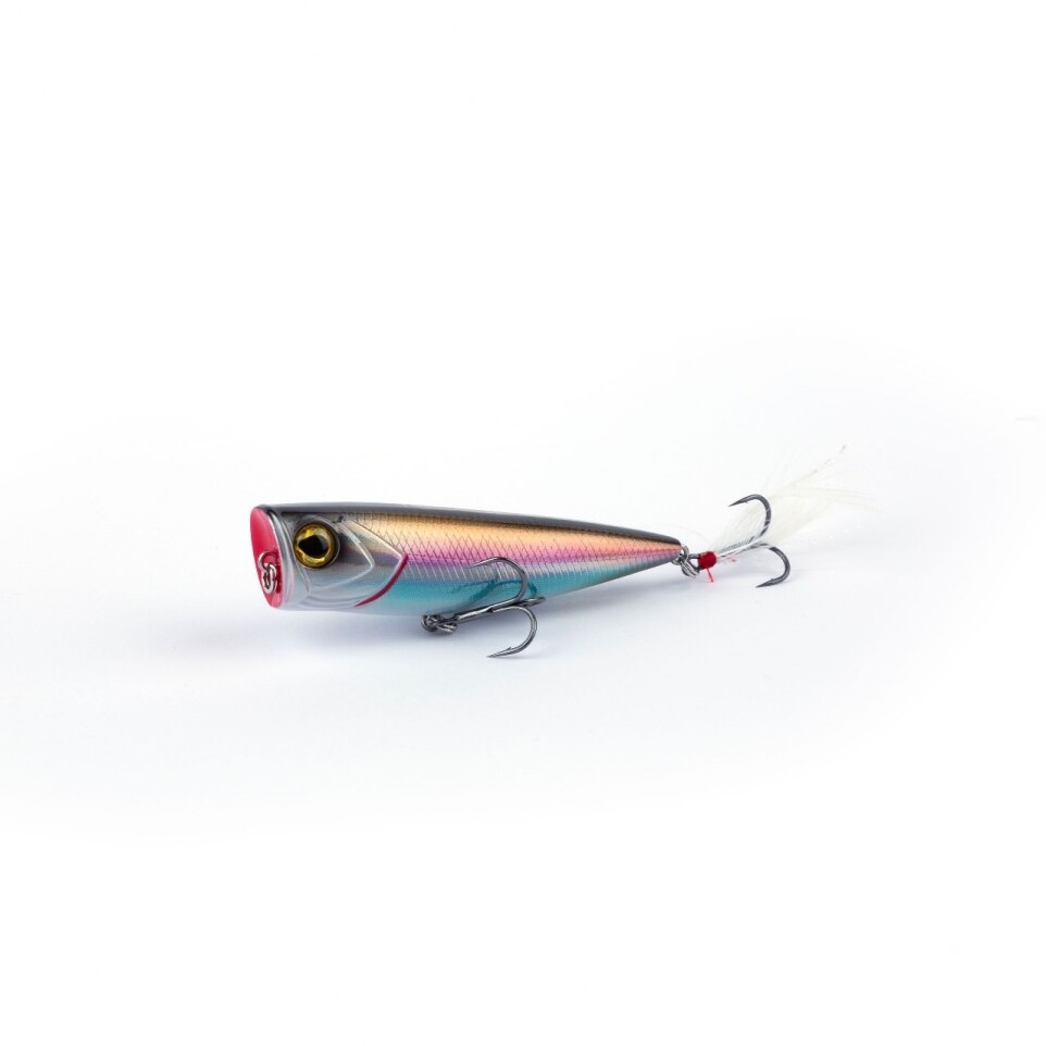 Farbiger Hardbait-Köder mit Metallic-Finish, zwei Haken, weißer Federanhänger am Heck