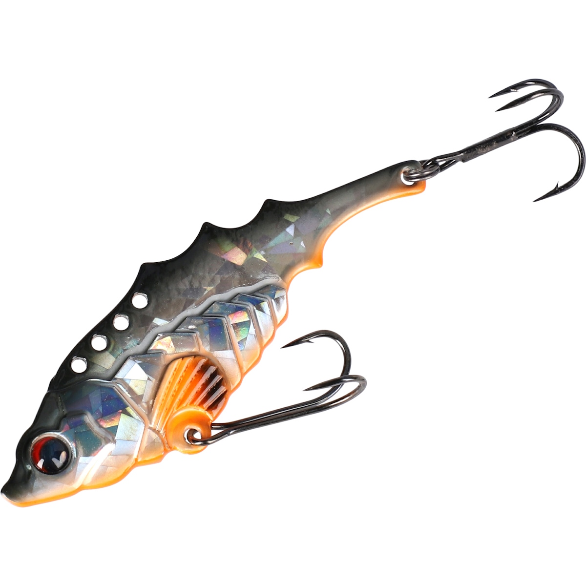 Metall-Kunstköder Mikado Zikade M-Vib 5g, 45mm, 3D-Fischauge, schlanker Körper, glitzernde Schuppenmuster, orange farbige Akzente, zwei Haken, geeignet für Süß- und Salzwasser