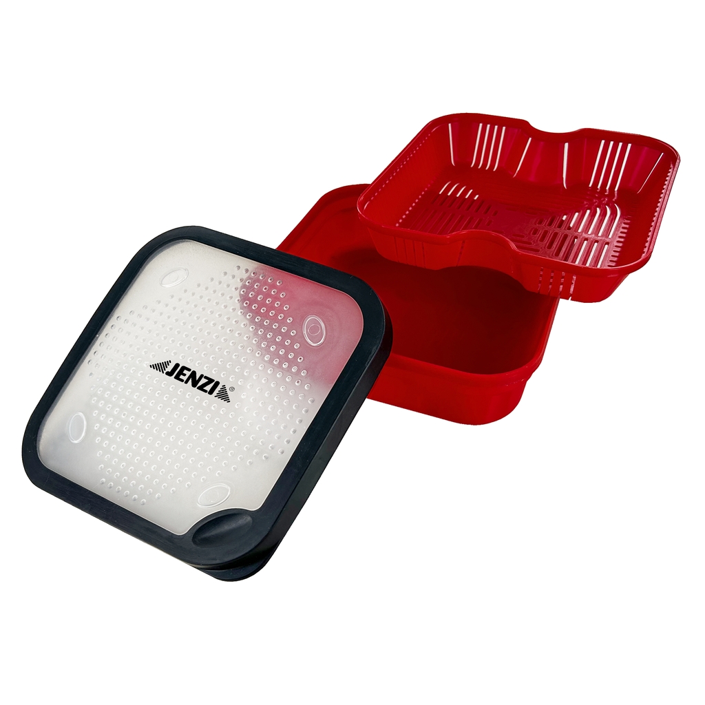 Robuste Köderdose von JENZI mit herausnehmbaren Ködersieb-Einsatz zum Abtropfen von Maden, Würmern und Pellets; ideal für Methodfeeder, verfügbar in 1 l oder 2 l Größe.