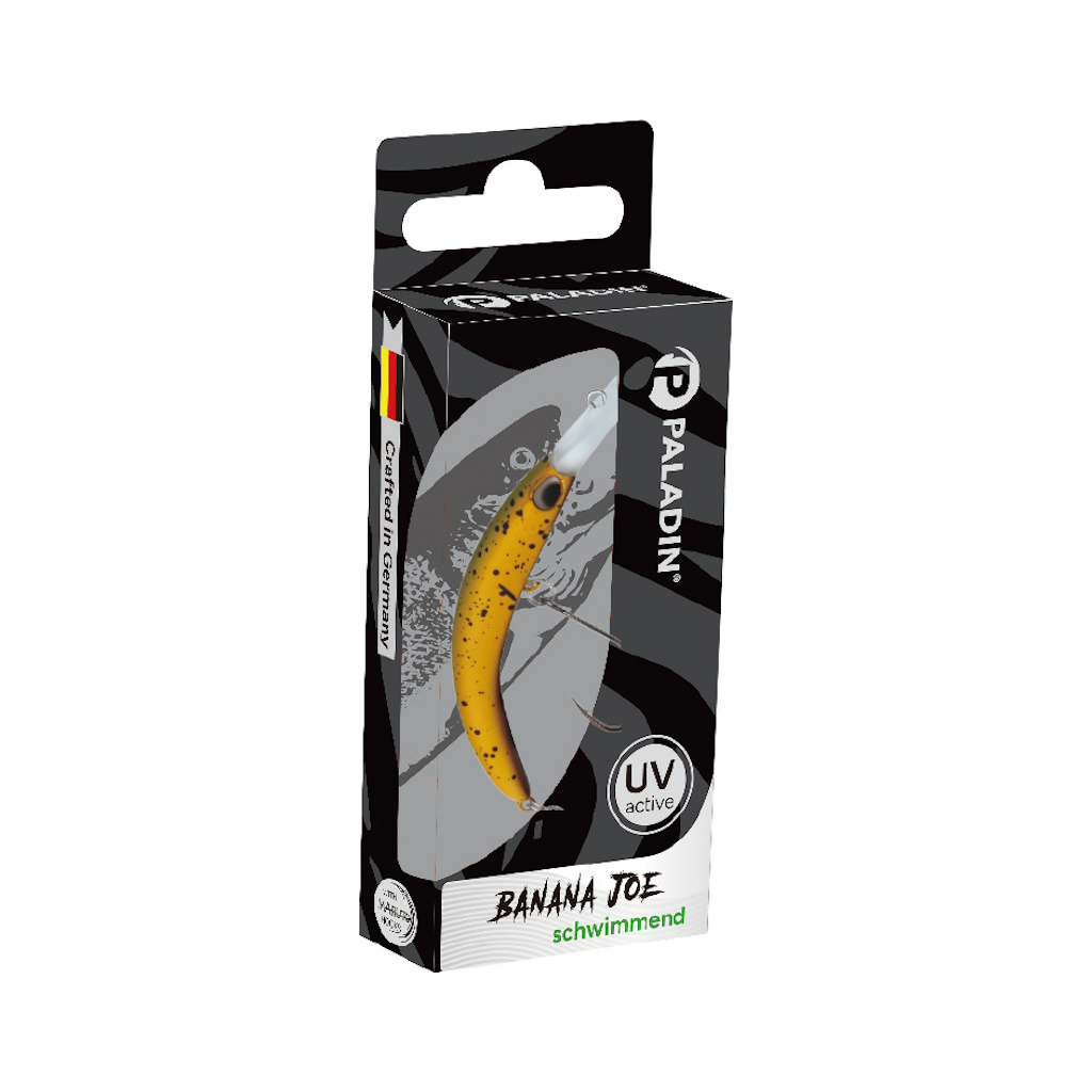 PALADIN Banana Joe S Wobbler, 7,5 cm, 2,8 g, sinkend, UV-Lackierung, gelb mit schwarzen Tupfen, Forellenangeln