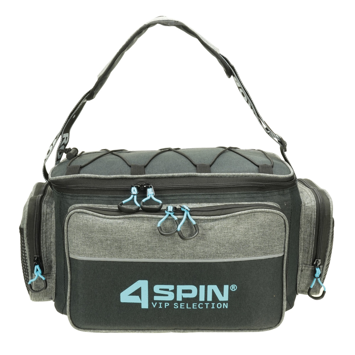 ROBINSON 4 SPIN Zubehörtasche 23x46x26 cm in Grau/Schwarz, mit mehreren Reißverschlussfächern, Netz-Gestell und Tragegurt – ideal für Spinnangeln, robuste 600D Polyester, wasserabweisend