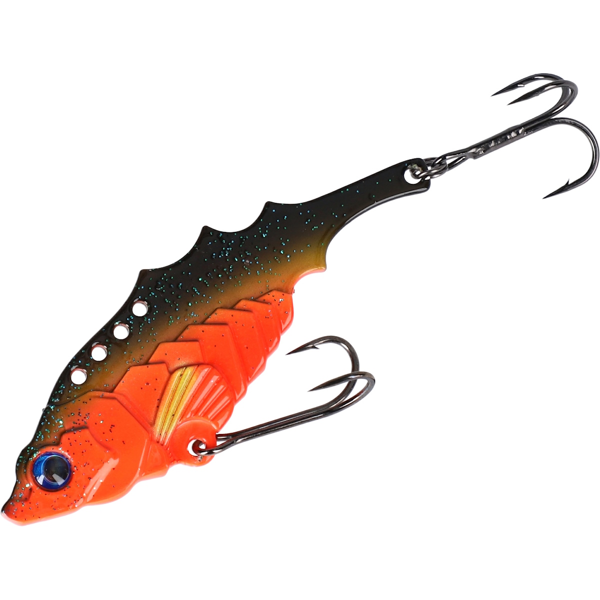 Fischförmiger Köder aus Gummi mit orangefarbenem Bauch, dunklem Glitter-Rücken und Dreifachhaken