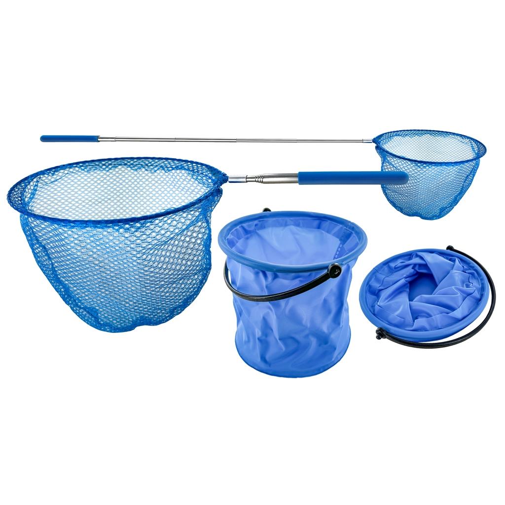 Kinderkescher-Set von JENZI mit ausziehbarem Kescher (85 cm) und kleinem blauen Eimer (12x14 cm); Material 100% Polyester; ideal am Strand oder im Bach.