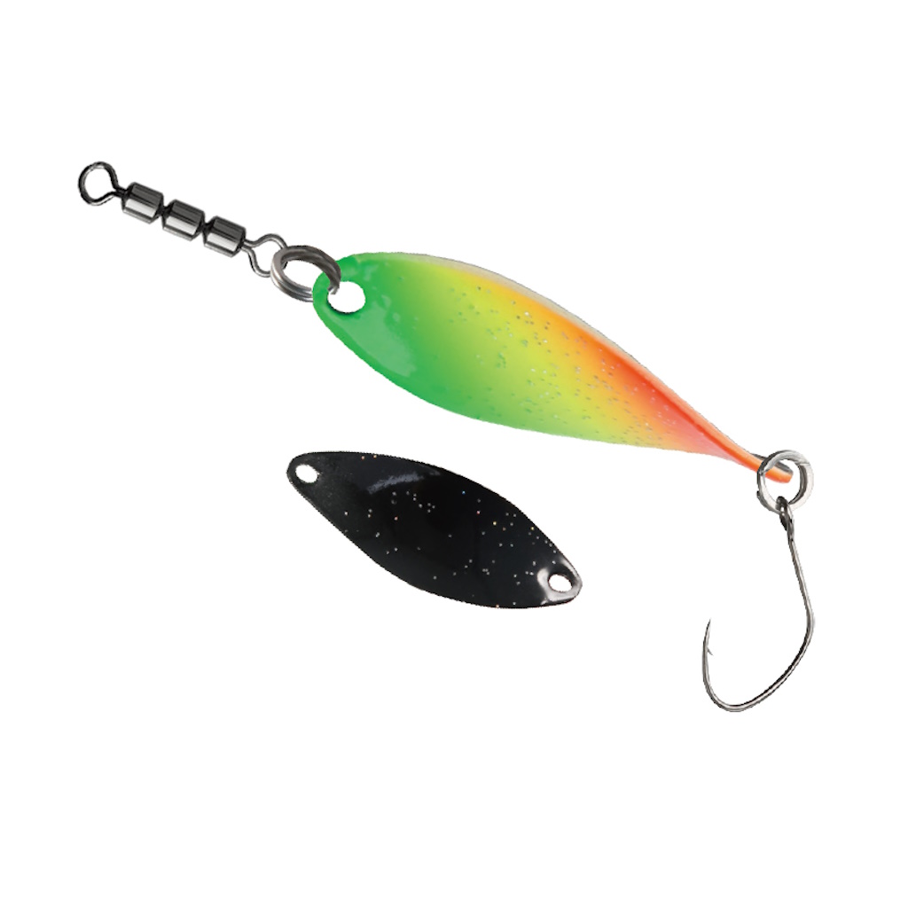 PALADIN Trout Rotor Spoon Slow Action 3,0 g Rainbow/Schwarz mit UV-Handlackierung, 360°-Lauf, scharfer Maruto Haken, Premium Kupferkörper – Forellen Köder