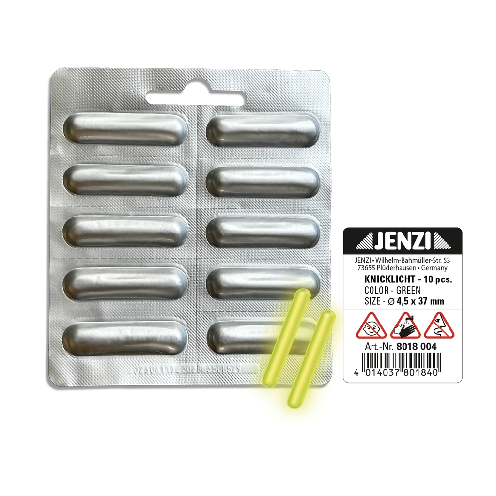 Knicklichter grün 4,5 × 37 mm, 10 Stück im Blister, Leuchtdauer ca. 12 Stunden, für Nachtangeln und Posenbeleuchtung – JENZI