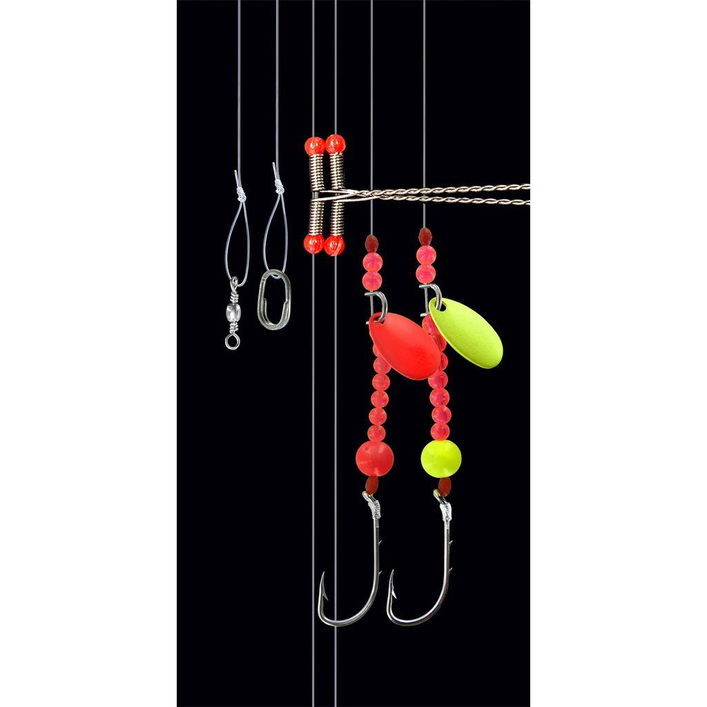 Naturköder-System mit zwei Auslegern, bunten Spinnern und Reizperlen zum Brandungsangeln. Hakengröße 1/0, Schnurstärke 0,60 mm, Arme 0,50 mm, Länge 100 cm. Hersteller JENZI – Marcus Jensen.