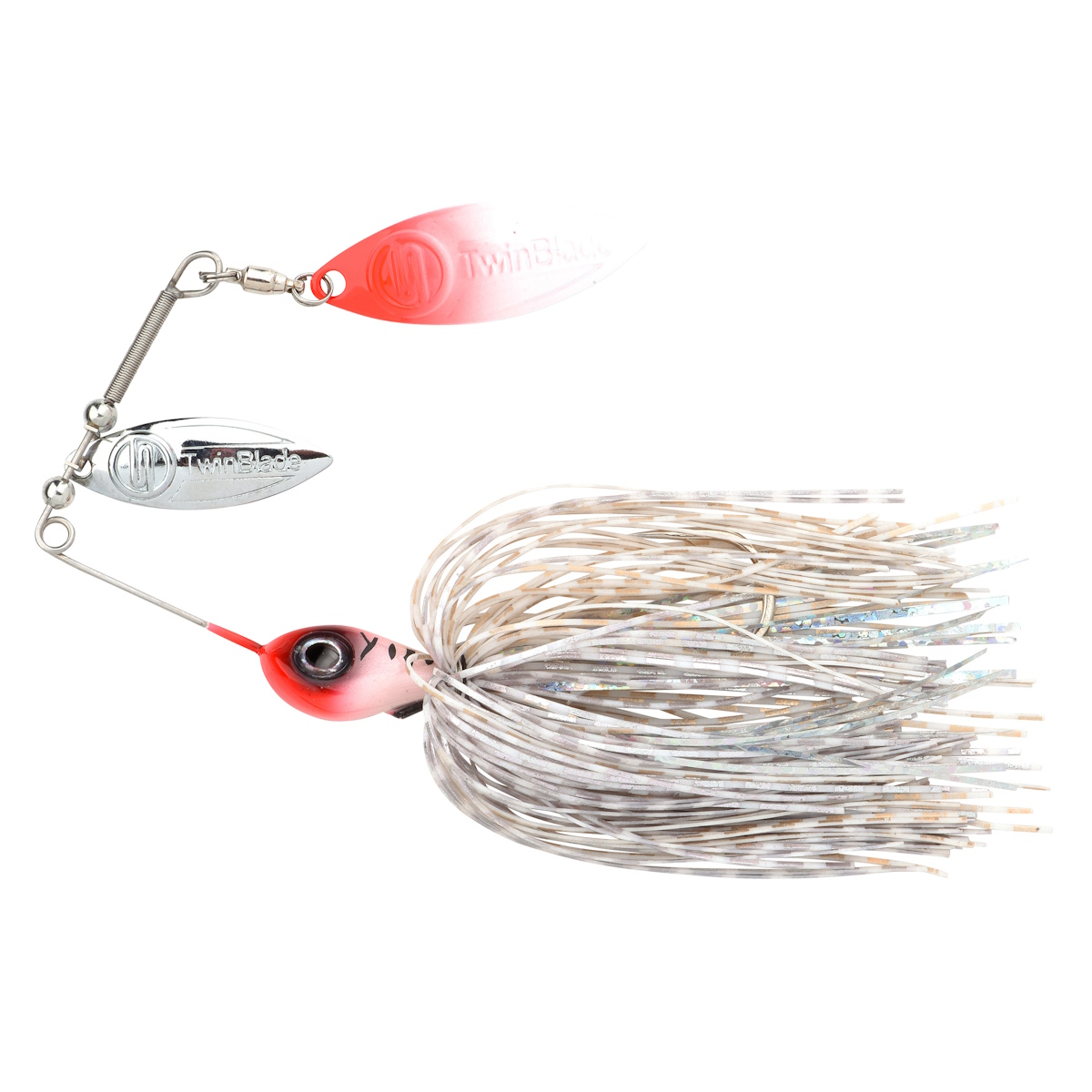 Angelköder TwinBlade Spinnerbait: pinker Kopf, silbernes Blatt-Spinner, langer Silikon-Skirt mit reflektierenden Fasern