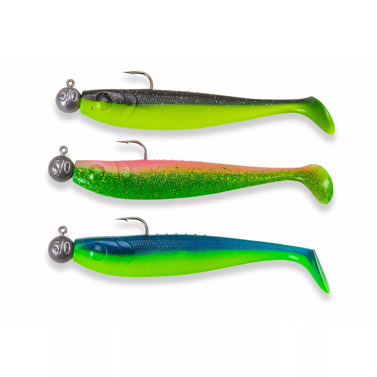 Drei WOOZLER Hechtköder 15 cm, 18 g mit 5/0 Haken und Bleikörper – hochwertige Gummifische in Aktionfarben, ideal für Hecht, Zander, Waller & Barsche.