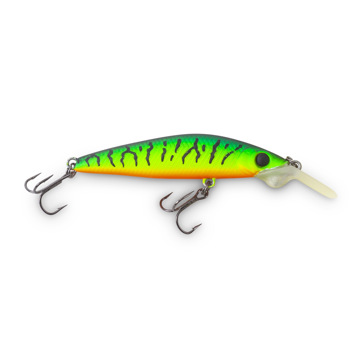 Neonfarbiger Angelköder Crankbait: grün mit orange Bauch, integrierte Kunststofflippe vorne, zwei Drillingshaken an den Enden, auf weißem Hintergrund