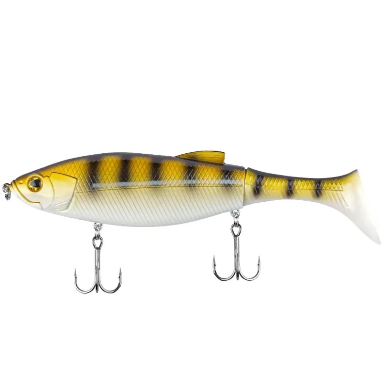 Detailansicht eines Fischköders mit zwei Treble Hooks, gelb-schwarz gestreift, ideal zum Angeln