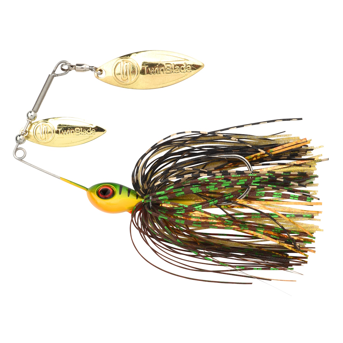 Angler-Spinnerbait mit zwei goldenen TwinBlade-Blättern, Haken, buntem Jig-Köder und grün-goldenem Skirt