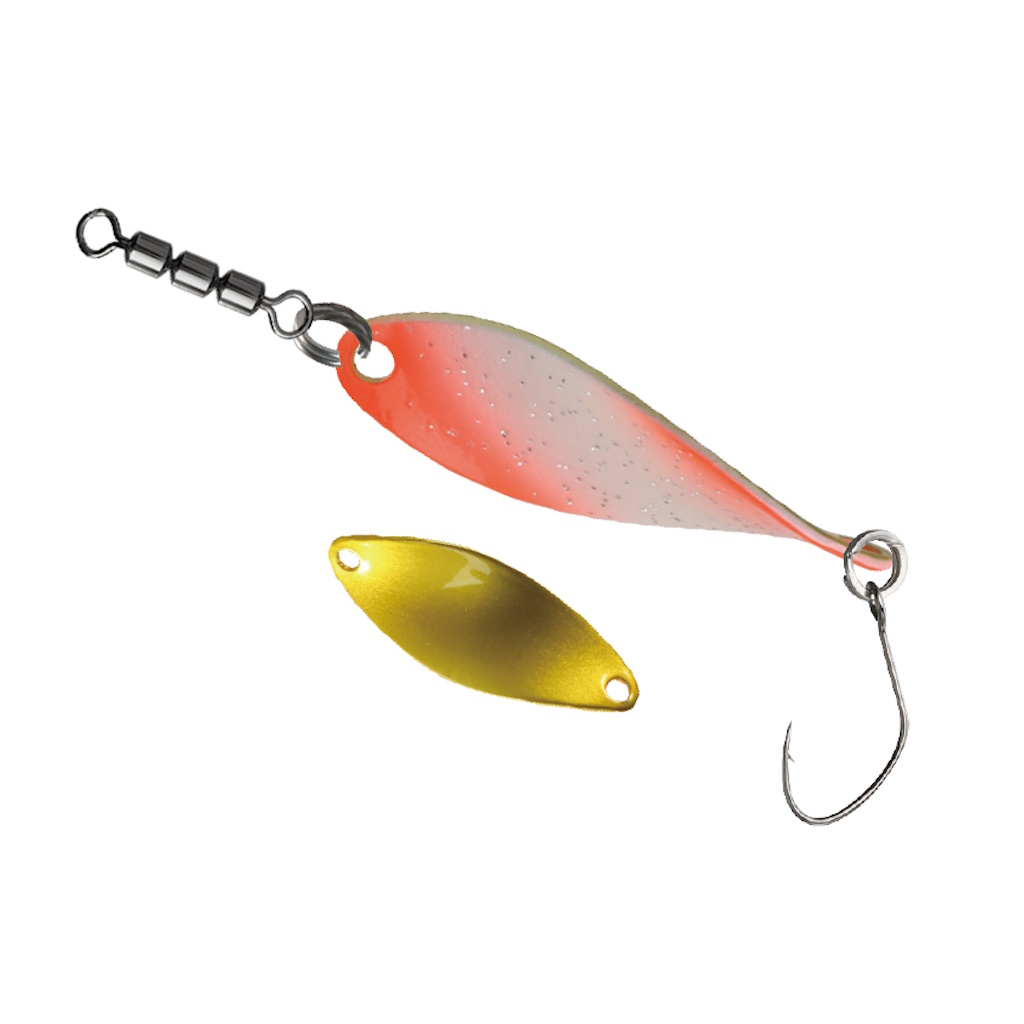 PALADIN Trout Rotor Spoon Slow Action 2,3 g weiß-orange/gold mit Haken. UV-aktive Handlackierung, Spezialeffektlackierung und 360°-Laufverhalten für Forellen.