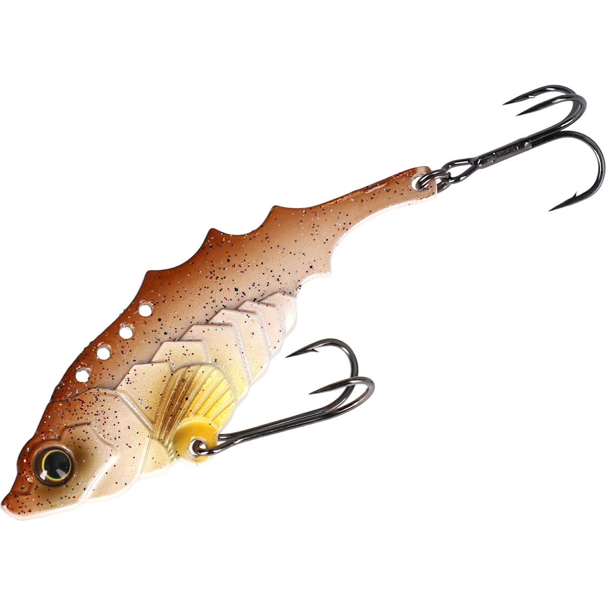 Naturfarbener MIKADO ZIKADE M-VIB 5g, 45mm, schlanker Körper, 3D-Fischauge, speckled Finish, zwei Drillingshaken – idealer Köder für Süß- und Salzwasser