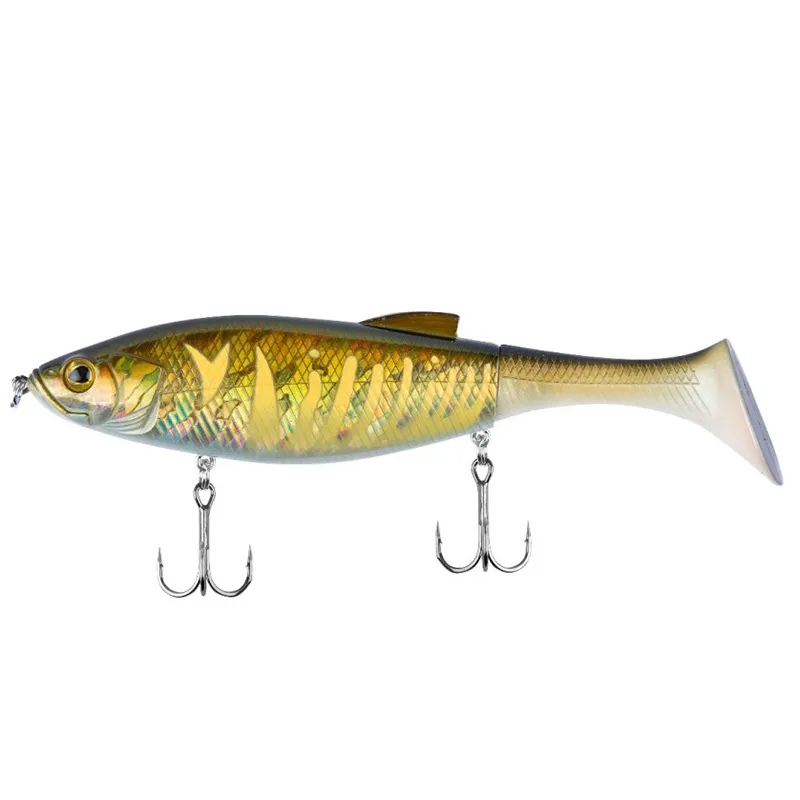 Fischförmiger Angellköder mit schimmernder Gelb-Grün-Färbung, zwei Haken (Treble Hooks) unter dem Bauch, realistischer Schwanz – ideal für Hecht- und Forellenangeln