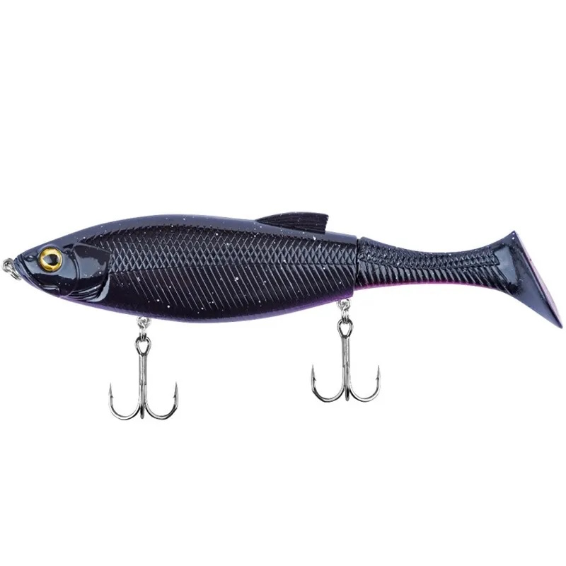 Fischförmiger Gummiköder in Dunkellila mit zwei Treble Hooks und realistischer Schuppenstruktur