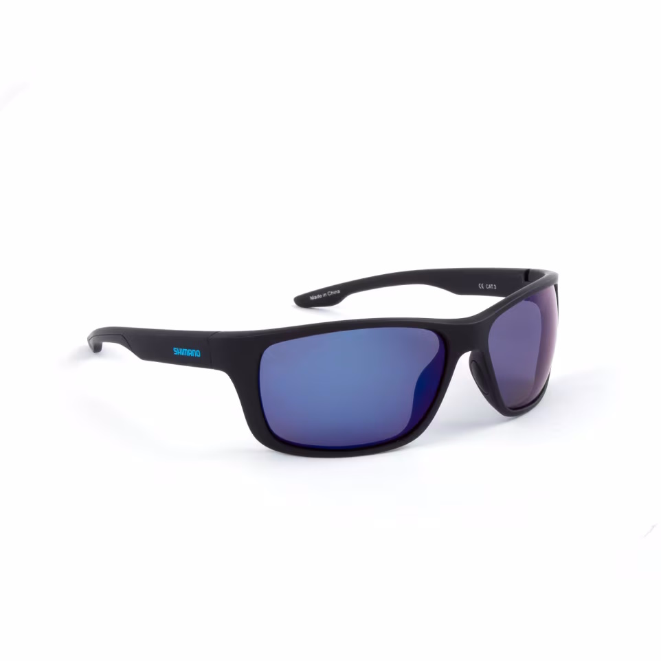 SHIMANO Lesath Sonnenbrille, matte schwarze Rahmung, blau spiegelnde polarisierte TAC-Gläser, Grilamid TR90, rutschfeste hypoallergene Bügel