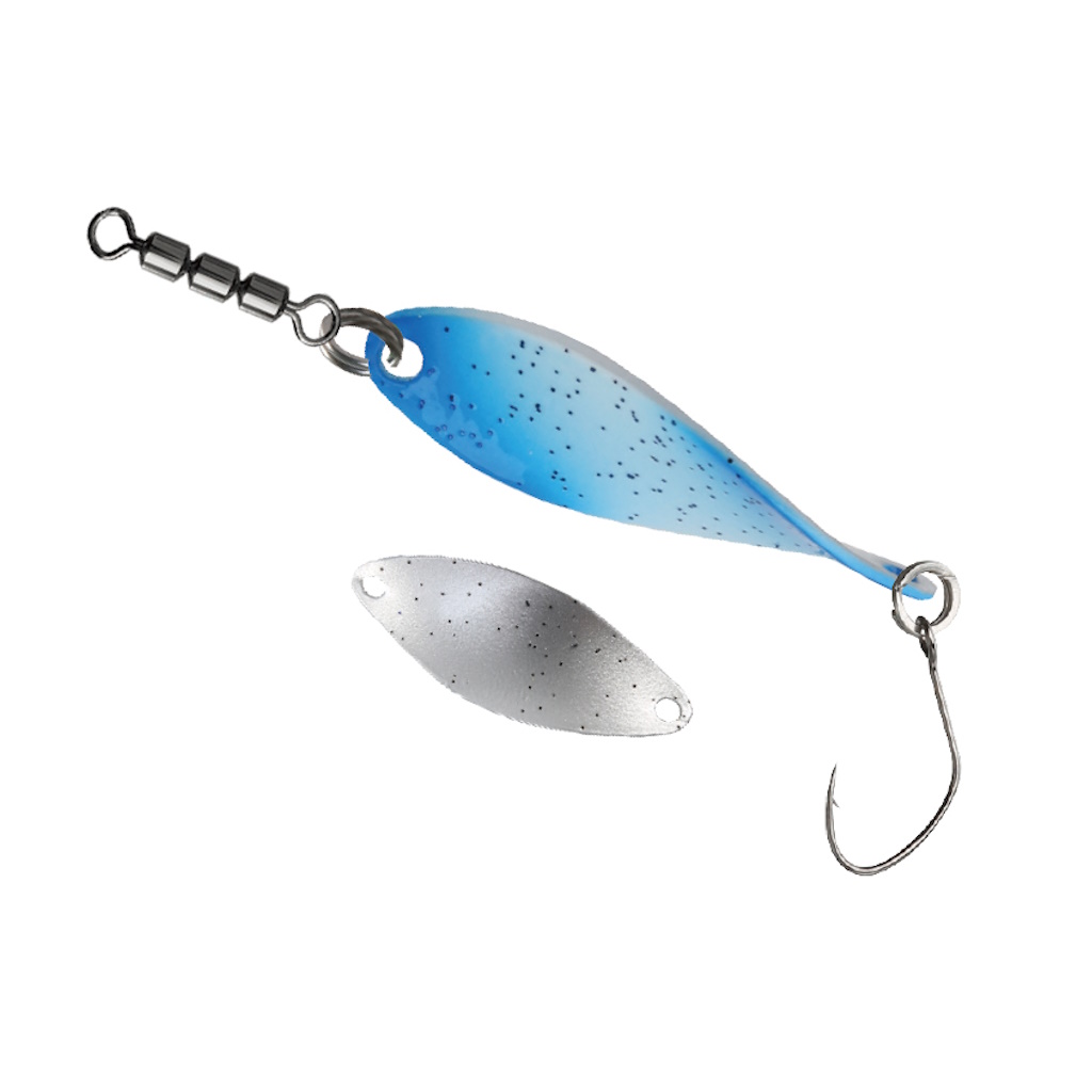 Angelhaken mit blauem und silbernem Löffel-Blinker (Spoon-Lure) zum Forellen- und Raubfischangeln